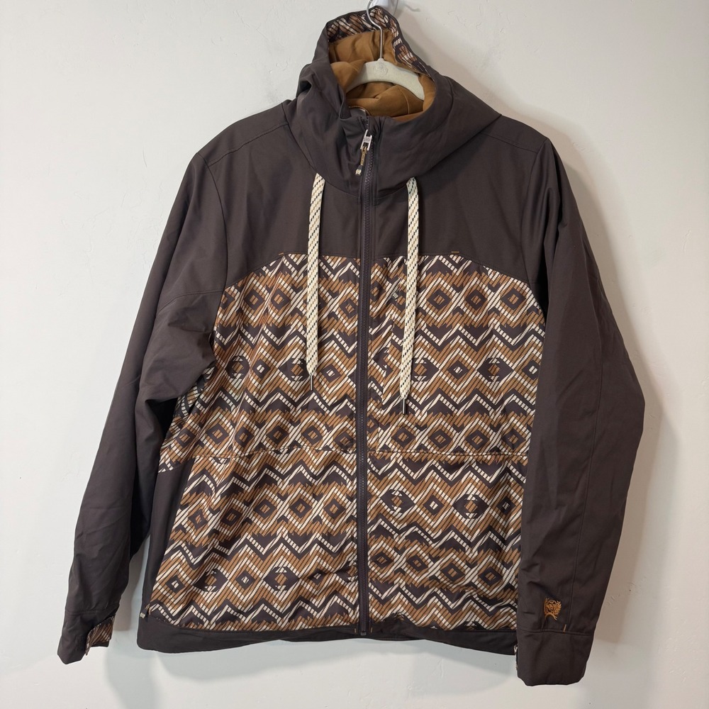 Cinch Ladies Chocolate Brown Geometric Print Hooded Ski‎ Coat Full Zip XXL